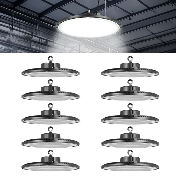 VEVOR 10 Pack LED High Bay Lights, 5000K 150W 21000LM Super Bright UFO LED Warehouse Shop Lights, IP65 Waterproof, 100-277V Wide Voltage for Warehouse Workshop Factory Gym Garage Barn, Black
