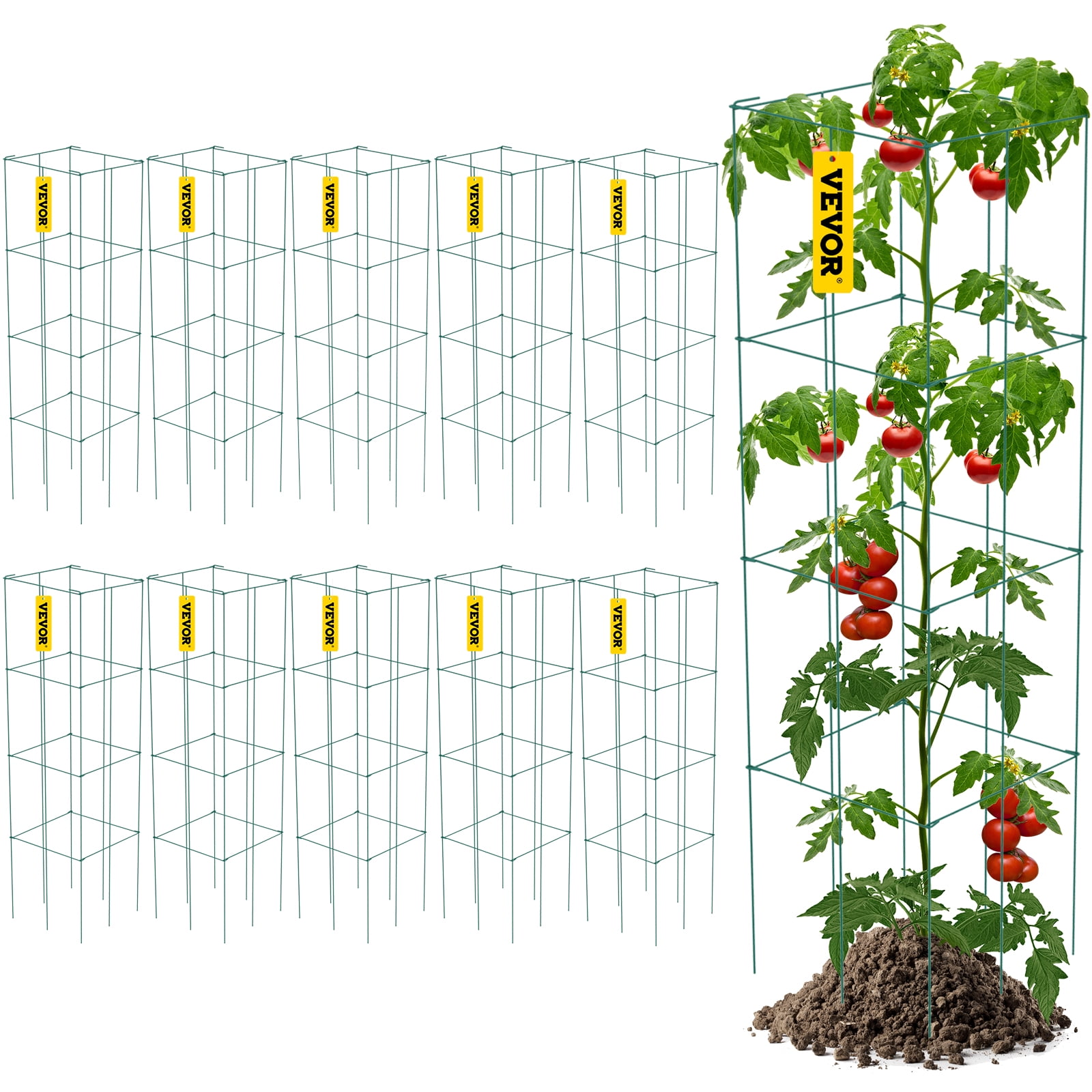 VEVOR 10 Pack Square Folding Tomato Cages 46" Plant Support Stake Tower PVCcoated Steel Tomato