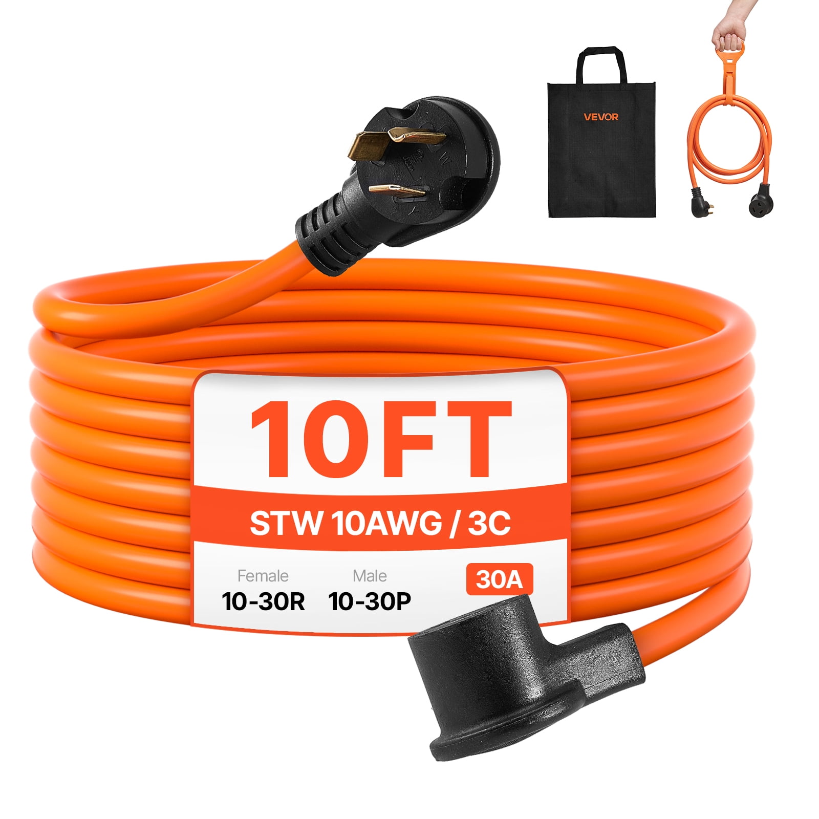 VEVOR 10 ft Dryer Extension Cord, 3-Prong NEMA 10-30P to 10-30R Dryer Cord, 125V/250V STW 10AWG/3C,30A,Pure Copper Wire Cable with Black Non-woven Bag and PVC Cable Tie,Ideal for Indoor & Outdoor