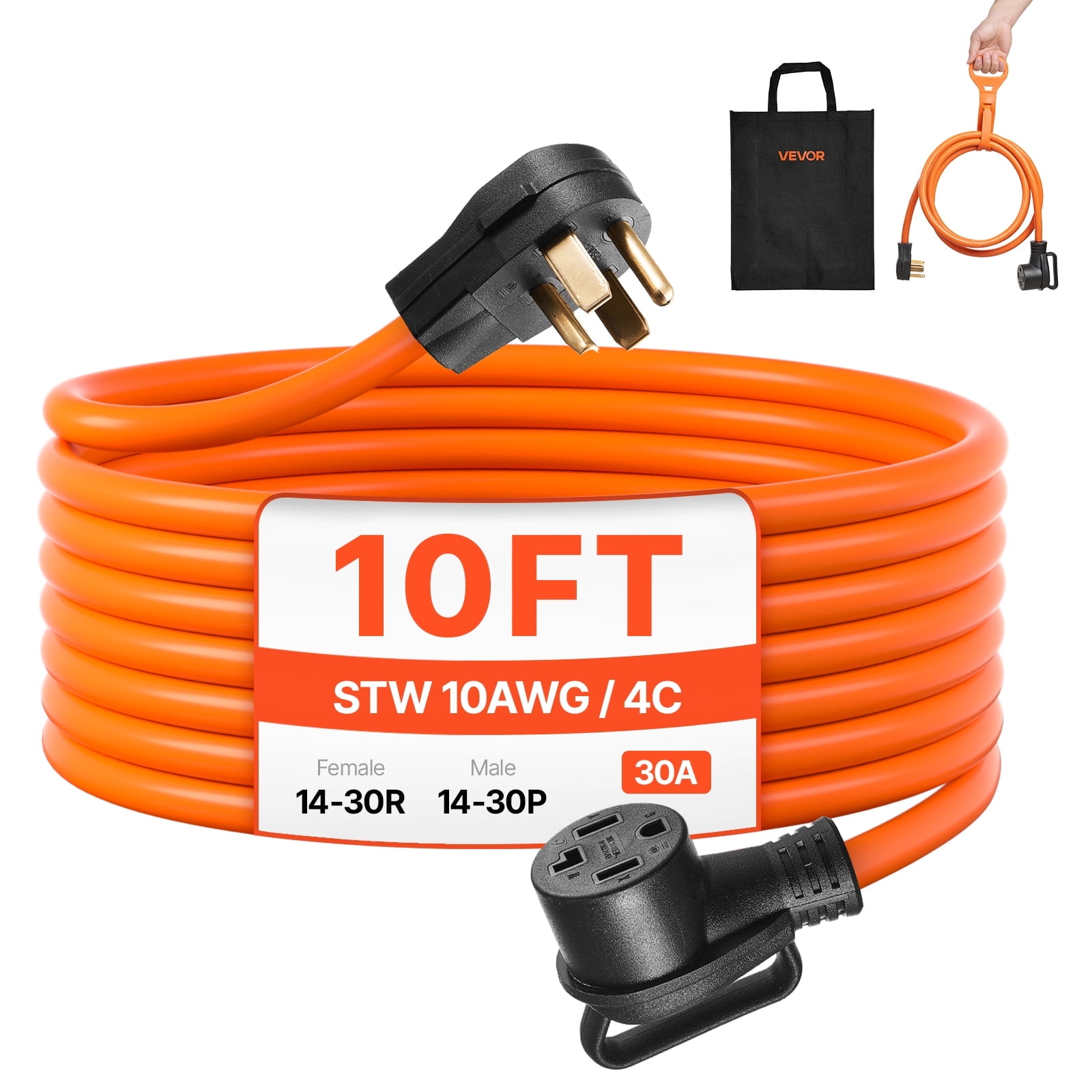 VEVOR 10 ft Dryer Extension Cord, 4-Prong NEMA 14-30P to 14-30R Dryer Cord, 125V/250V, STW 10AWG/4C, 30A, Pure Copper Wire Cable with Black Non-woven Bag and PVC Cable Tie, for Outdoor & Indoor Use