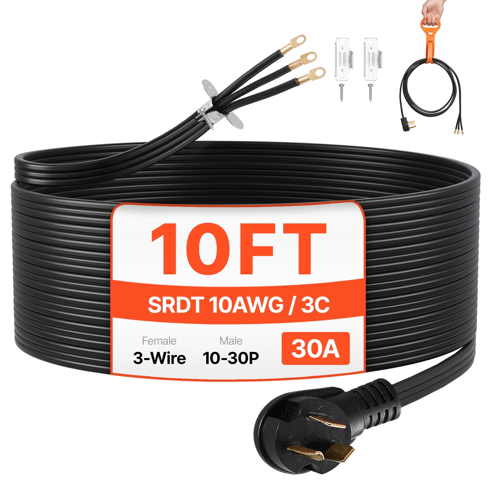 VEVOR 10 ft Dryer Power Cord, 3-Prong NEMA 10-30P Appliance Dryer Cord with Eyelet Connectors, 125V/250V,SDRT 10AWG/3C,30A,Pure Copper Wire Cable with PVC Cable Tie,Ideal for Indoor & Outdoor Use