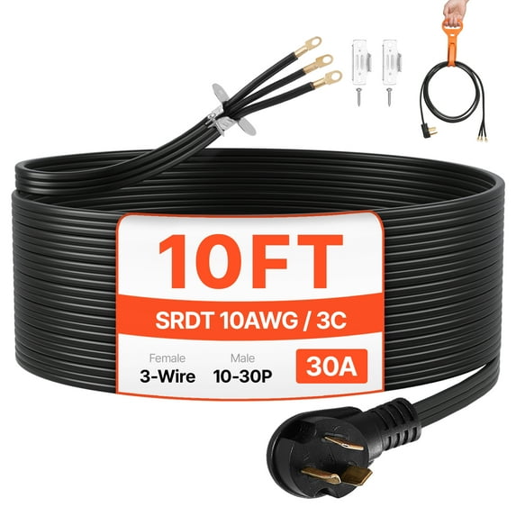 VEVOR 10 ft Dryer Power Cord, 3-Prong NEMA 10-30P Appliance Dryer Cord with Eyelet Connectors, 125V/250V,SDRT 10AWG/3C,30A,Pure Copper Wire Cable with PVC Cable Tie,Ideal for Indoor & Outdoor Use