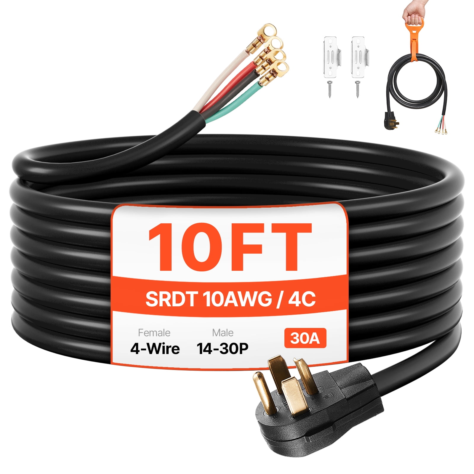 VEVOR 10 ft Dryer Power Cord, 4-Prong NEMA 14-30P Appliance Dryer Cord with Eyelet Connectors, 125V/250V, SDRT 10AWG/4C, 30A, Pure Copper Wire Cable with PVC Cable Tie, Ideal for Indoor & Outdoor Use