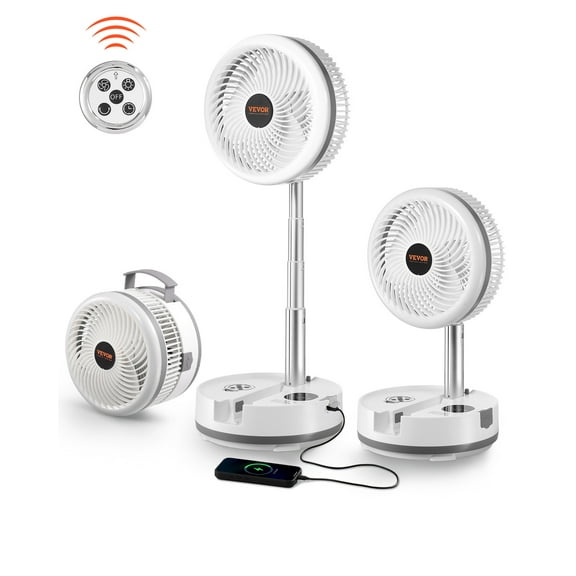 VEVOR 10 inch Portable Foldable Rechargeable Oscillating Fan, 3-in-1 Battery Operated with Remote Control, Quiet Desk/Table Pedestal Fan, 9 Speeds,90-degree Auto Left/Right Rotation,for Home,Office