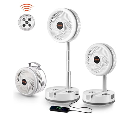 VEVOR 10 inch Portable Foldable Rechargeable Oscillating Fan, 3-in-1 Battery Operated with Remote Control, Quiet Desk/Table Pedestal Fan, 9 Speeds,90-degree Auto Left/Right Rotation,for Home,Office