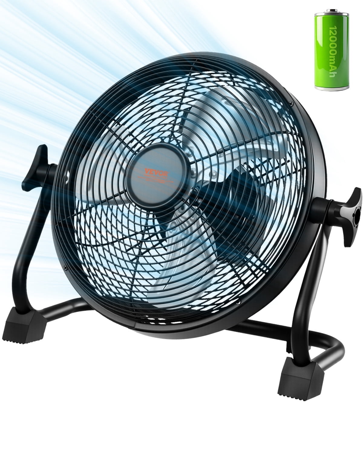 VEVOR 10 inch Rechargeable Battery Operated Camping Floor, High Velocity Portable Outdoor Fan with Metal Frame, Copper Brushless Motor, 360-degree Manual Rotation,for Fishing,Traveling, Picnicking
