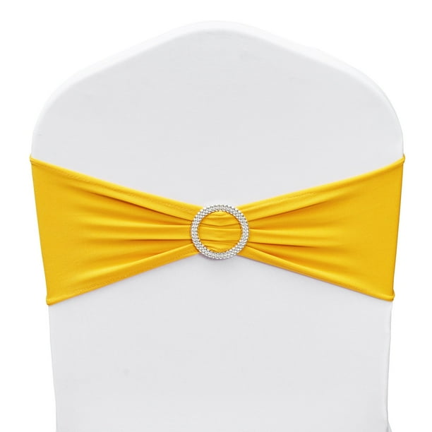 VEVOR 100-Pack Golden Yellow Stretch Spandex Chair Sashes with Round Buckle, Elastic Chair Bands for Weddings, Banquets, and Parties