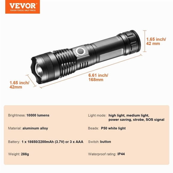 VEVOR 10000 High Lumens Flashlight, 5 Lighting Modes LED Rechargeable, IPX4 Waterproof Emergency Lighting for Camping, Hiking, Running, Hurricane, Cycling, Sports Accessories, Bikepacking