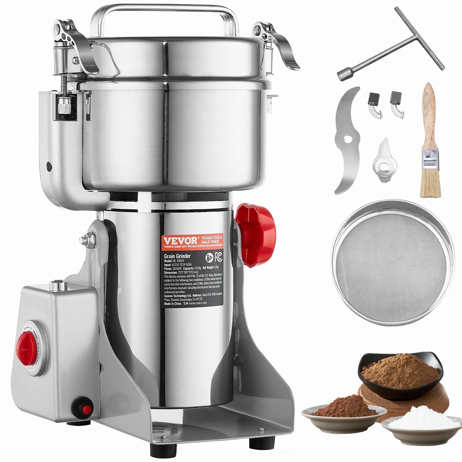 VEVOR Electric Grain Mill Grinder,  1000g High Speed 3000W Commercial Spice Grinders, Stainless Steel Pulverizer Powder Machine, for Dry Cereals Coffee Corn Pepper, Swing Type