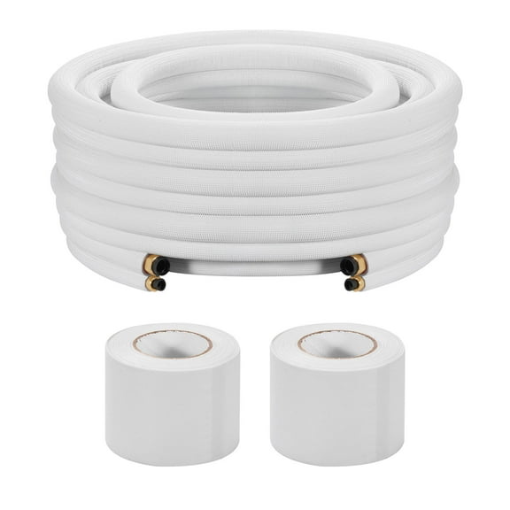 VEVOR 100ft Mini Split Line Set, 1/4 & 3/8 OD AC Copper Tubing Pipe, 3/8 White PE Thickened Insulated Coil with Flared Nuts, Strapping Tapes, for Mini Split Air Conditioner HVAC or Heat Pump System