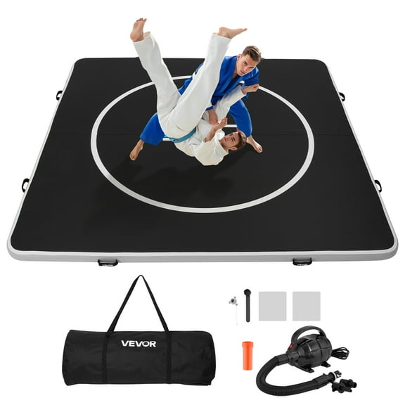 VEVOR 10x10 ft Wrestling Mat Inflatable, Martial Arts Thick Mat for Home Gym Exercise, PVC Foldable Training Mats with Circles and 600W Air Pump, for Gymnastics, Tatami, Jiu Jitsu BJJ MMA Judo, Black