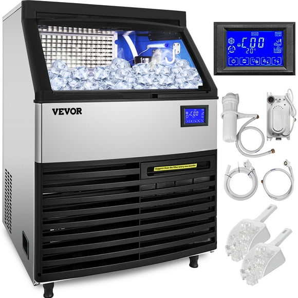 VEVOR 110V Commercial Ice Maker 320lbs/24h, 77lbs Storage Bin, ETL Approved, Clear Cube, Advanced LCD Panel, SECOP Compressor, Air Cooled, Blue Light, Electric Water Drain Pump, Water Filter, 2Scoops