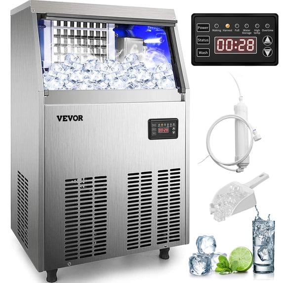 VEVOR 110V Commercial Ice Maker 95-100lbs/24H with 22LBS Bin, Full Heavy Duty Stainless Steel Construction, Automatic Operation, Clear Cube for Home Bar, Include Water Filter, Scoop