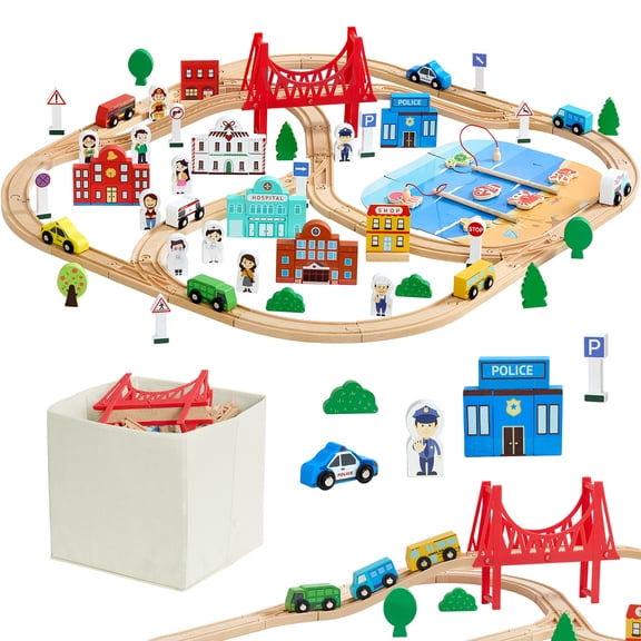 VEVOR 113PCS Wooden Train Set, for Kids Ages 3-8, Wood Train Track Toy with Storage Box, City Scene Railway Playset, Compatible with Major Brands, Christmas Birthday Toy for Toddlers Boys and Girls
