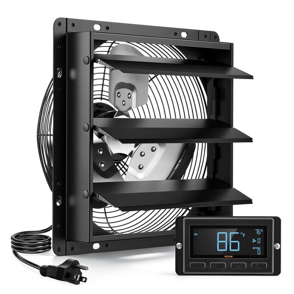 VEVOR 12 Inch Shutter Exhaust Fan Wall Mounted Automatic Louvers EC Motor, Steel Housing, Temperature & Humidity Controller, Ventilation & Cooling for Attic, Garage, Barn, Greenhouse, Workshop, Black