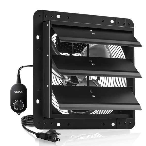 VEVOR 12 inch Shutter Exhaust Fan, Wall Mounted Attic Vent Fan with Variable Speed Controller, 1100 CFM, AC Motor, Heavy-duty Steel, Low Noise for Shed, Garage, Greenhouse Ventilation Cooling, Black