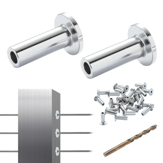 VEVOR 121 Pack T316 Stainless Steel Protector Sleeves for 1/8" Wire Rope Cable Railing, DIY Balustrade T316 Marine Grade, Come with A Free Drill Bit, Silver