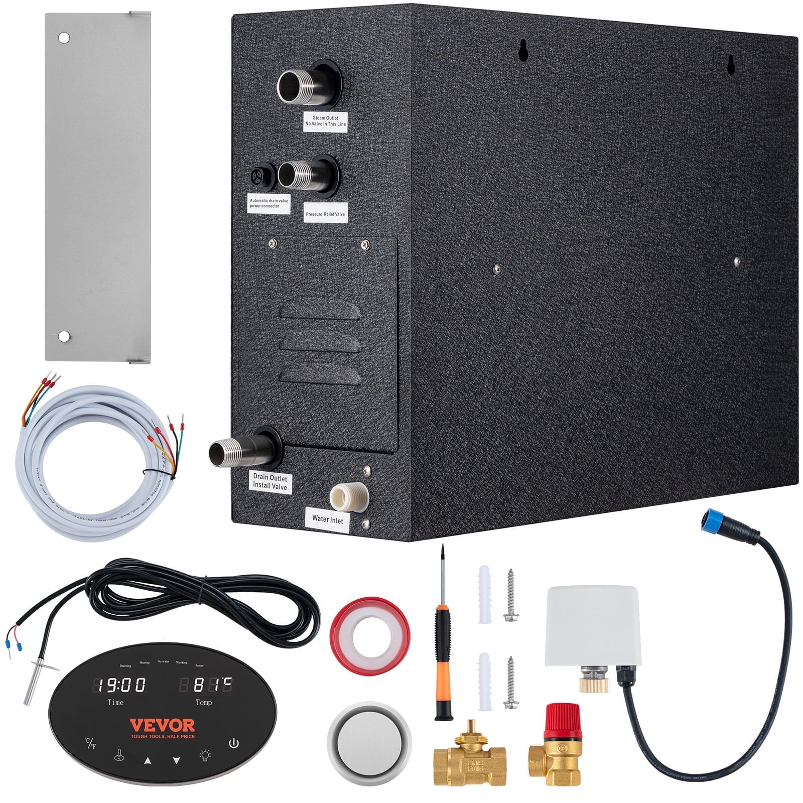 VEVOR 12KW Steam Shower Generator, Segmented Heating & Temperature Customization & 24h Timer Steam Kit, Automatic Drainage Home Steam Shower System Tested