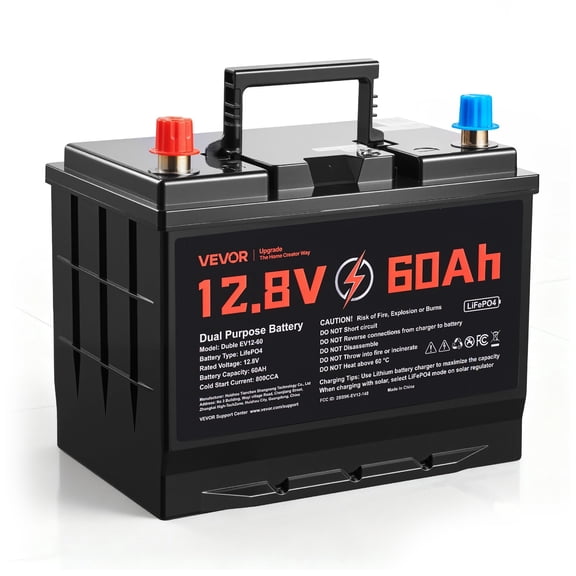 VEVOR 12V 60Ah Dual Purpose LiFePO4 Lithium Battery, 800 CCA Group 24, Lithium-ion Starter Battery Plus Deep Cycle, Built-in Smart BMS, Car Start-Stop, for Automotive, Trolling Motor, Engine Starting