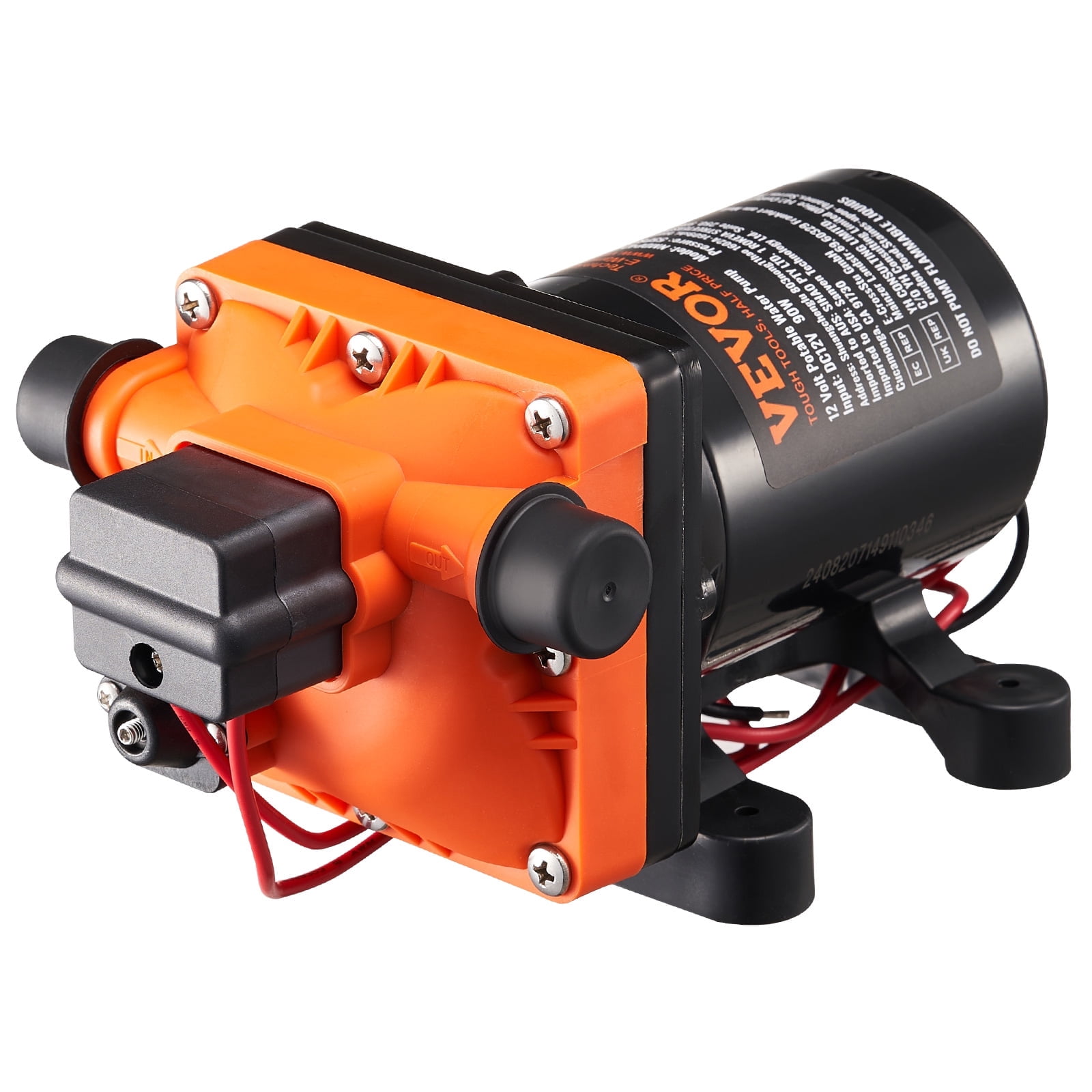 VEVOR 12V Diaphragm Pump, 3 GPM (11.36 L/min), 4-Chamber 12 Volt DC Water Pump with Automatic Pressure Switch 40-100 PSI Adjustable, 55 PSI, 1/2'' MNPT Port, for RV Yacht Food Truck Camper Marine