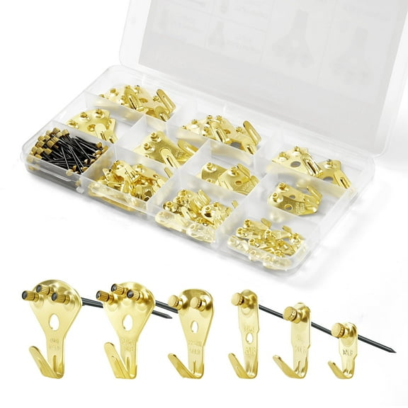 VEVOR 130 Pieces Picture Hanging Kit, 10lb, 20lb, 30lb, 50lb, 75lb and 100lb Picture Hangers, Metal Pictures Hanging Hooks with Nails for Mirror, Painting, Photo Frame on Drywall & Wooden Wall, Gold