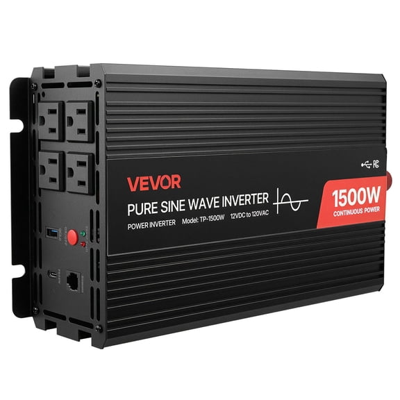 VEVOR 1500W Power Inverter, 12V DC to 120V AC Pure Sine Wave Inverter, Car Charger Converter with Remote Control, USB & Type-C Ports, 4 AC Outlets, Fast-charging for RV, Truck Outdoor Campin