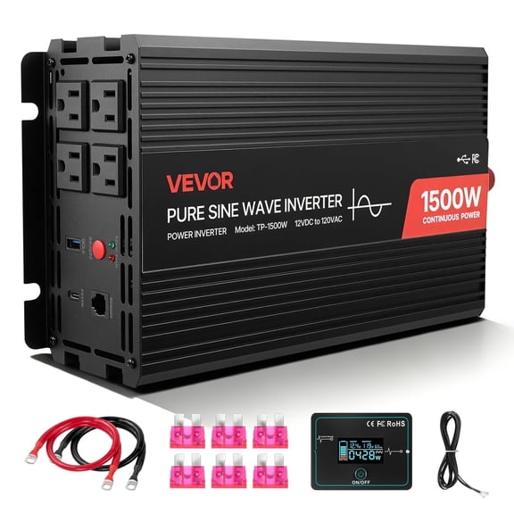VEVOR 1500W Pure Sine Power Inverter, 12VDC to 120VAC, Remote Control, USB & Type-C Ports, 4 AC Outlets, Fast-charging for RV, Truck Outdoor Camping