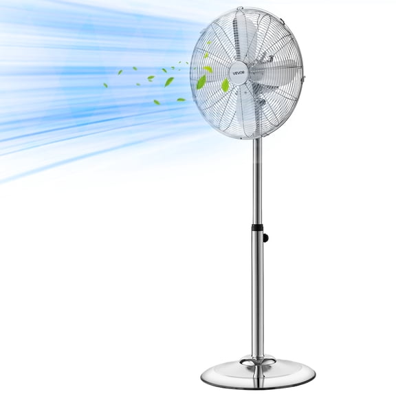 VEVOR 16-Inch High Velocity Pedestal Fan, 1450 CFM Industrial Standing Floor Fan with Handle, 75 Oscillating, 3-Speed Adjustable Height, Metal Made for Commercial, Garage, Workshop, Home, Silver