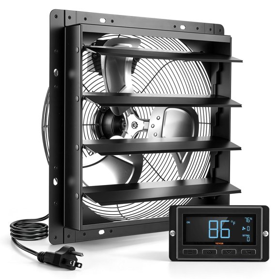 VEVOR 16 Inch Shutter Exhaust Fan Wall Mounted Automatic Louvers EC Motor, Steel Housing, Temperature & Humidity Controller, Ventilation & Cooling for Attic, Garage, Barn, Greenhouse, Workshop, Black