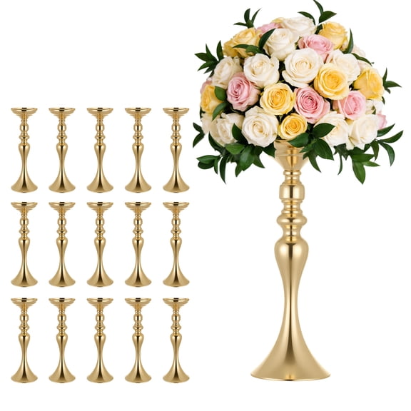 VEVOR 16 PCS Wedding Flower Vase, 15 in Tall Flower Table Centerpieces, Crystal Banquet Vases Easy Installation, Electroplated Versatile Arrangement Stand for Party Events Home Decor Reception, Gold