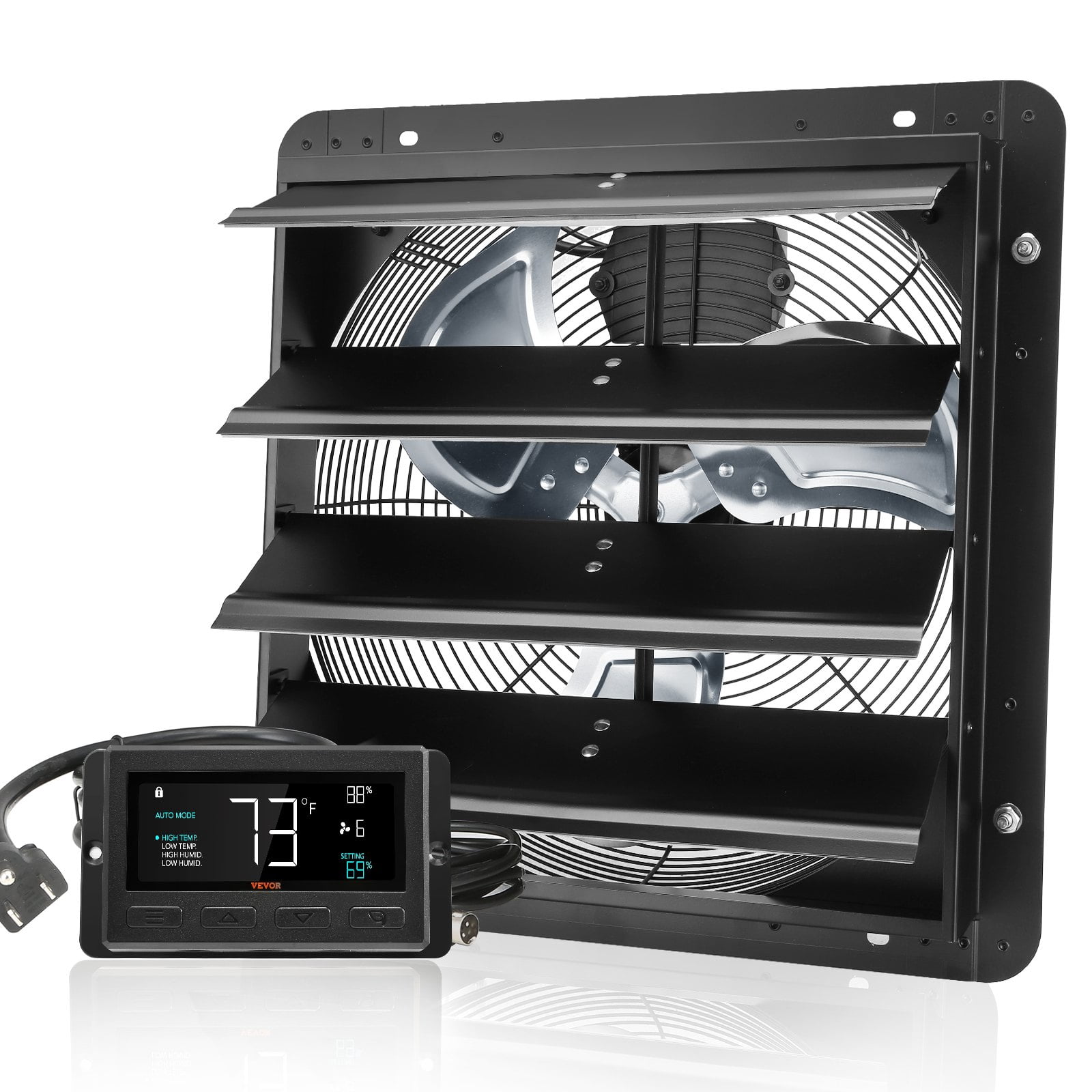 VEVOR 16'' Shutter Exhaust Fan with Temperature Humidity Controller - 2650 CFM, 10-Speed Adjustable Wall Mount Attic Fan for Greenhouses, Garages, Sheds - ETL Listed