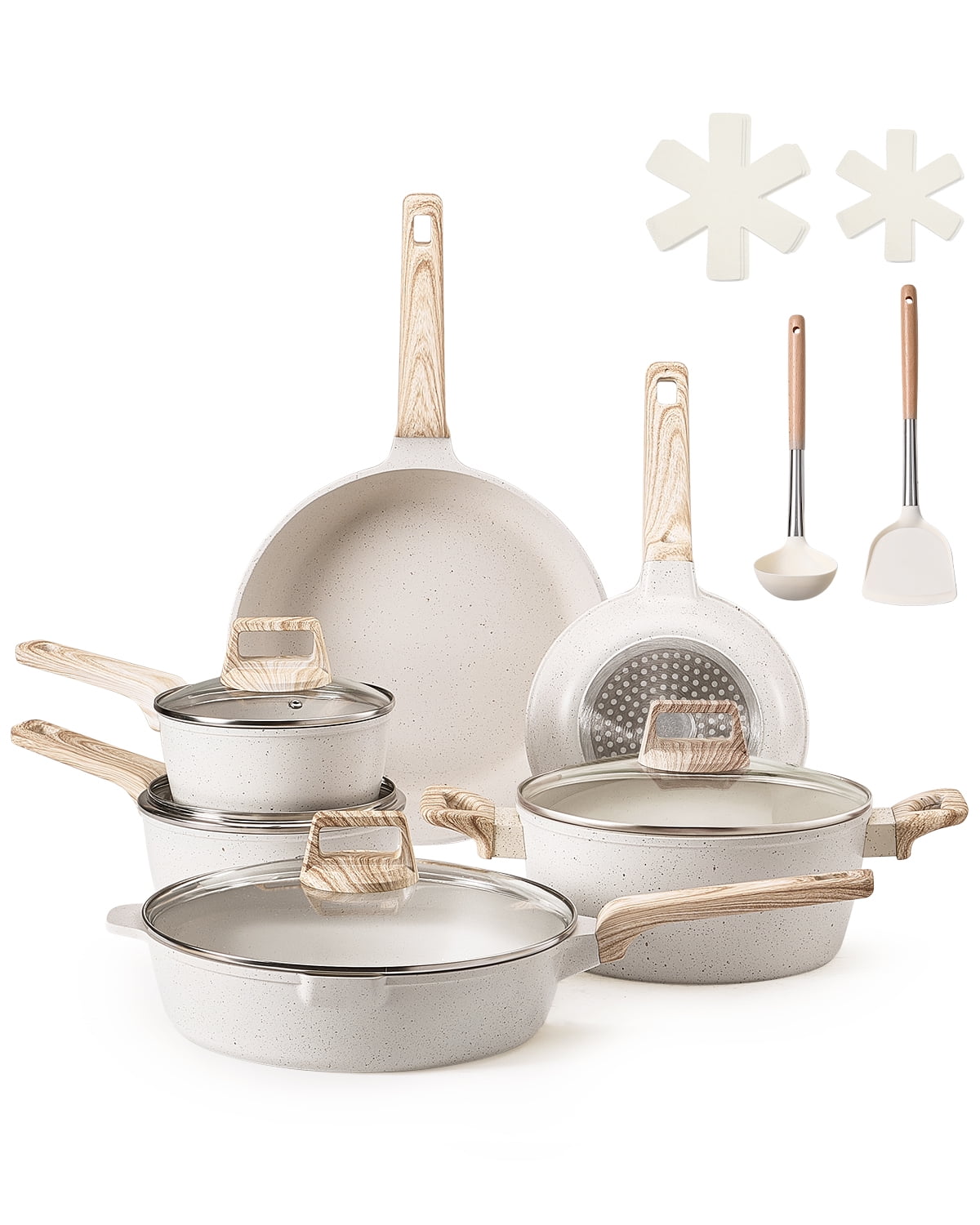 VEVOR 17 Piece Pots and Pans Set, Granite Nonstick Cookware Set, Induction Cookwares, Kitchen RV Cooking Sets with Frying, Sauce, Saute, Tempered Glass Lids, and Pan Protectors, White