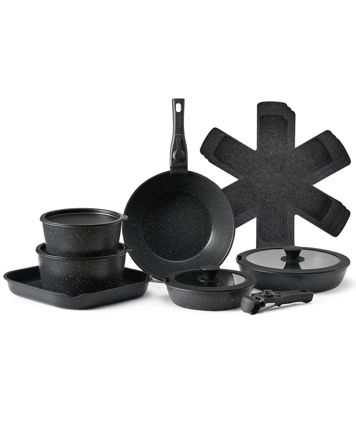 VEVOR 17 Piece Pots and Pans Set, Granite Nonstick Detachable Handle Cookware, Space Saving Induction Cookwares, Kitchen RV Cooking Sets with Frying, Sauce, Saute,Tempered Glass Lid,Oven Safe,Black