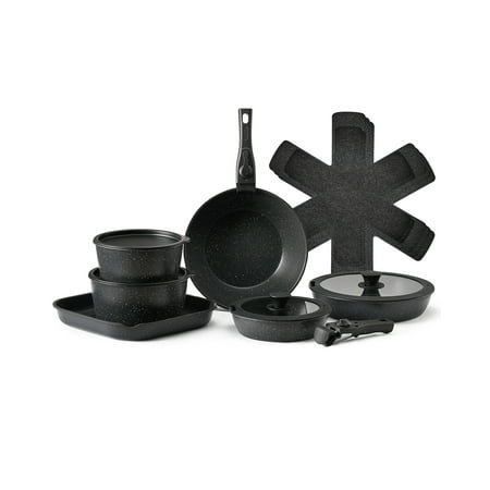 VEVOR 17 Piece Pots and Pans Set, Granite Nonstick Detachable Handle Cookware, Space Saving Induction Cookwares, Kitchen RV Cooking Sets with Frying, Sauce, Saute,Tempered Glass Lid,Oven Safe,Black