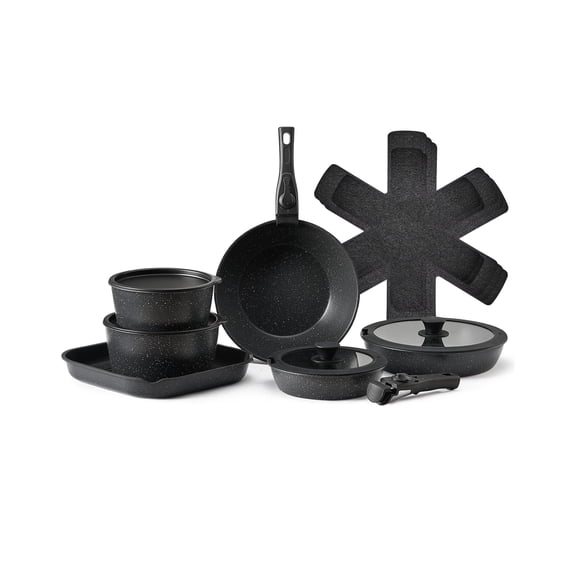 VEVOR 17 Piece Pots and Pans Set, Granite Nonstick Detachable Handle Cookware, Space Saving Induction Cookwares, Kitchen RV Cooking Sets with Frying, Sauce, Saute,Tempered Glass Lid,Oven Safe,Black