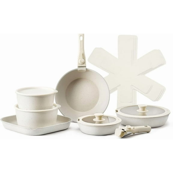 VEVOR 17 Piece Pots and Pans Set Nonstick, Detachable Handle Cookware, Space Saving Induction cookware set, Kitchen RV Cooking Sets, with Frying, Sauce, Saute, Tempered Glass Lids, Oven Safe, White