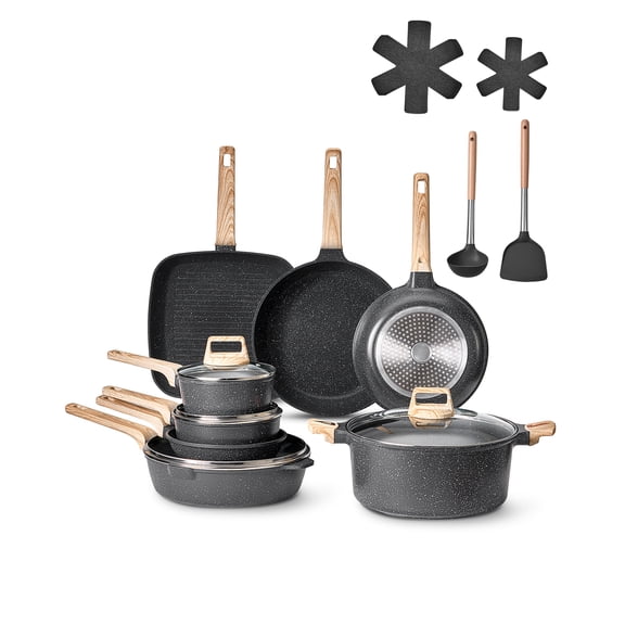 VEVOR 19 Piece Pots and Pans Set, Granite Nonstick Cookware Set, Induction Cookwares, Kitchen RV Cooking Sets with Frying, Sauce, Saute, Tempered Glass Lids, and Pan Protectors, Black