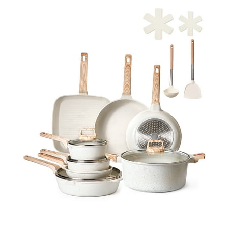 VEVOR 19 Piece Pots and Pans Set Nonstick, Granite Cookware Set, Induction Cookwares, Kitchen RV Cooking Sets with Frying, Sauce, Saute, Tempered Glass Lids, and Pan Protectors, White