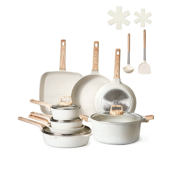 VEVOR 19 Piece Pots and Pans Set Nonstick, Granite Cookware Set, Induction Cookwares, Kitchen RV Cooking Sets with Frying, Sauce, Saute, Tempered Glass Lids, and Pan Protectors, White
