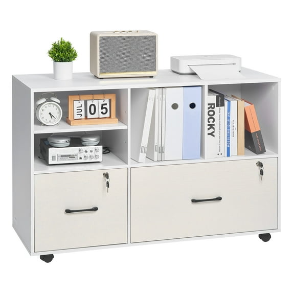 VEVOR 2 Drawer Wooden File Cabinet, Mobile Filing Cabinet with Open Shelves, Lockable Lateral Rolling File Storage with Adjustable Shelves, Free Standing Printer Stand for Home Office School, White