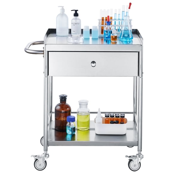 VEVOR 2-Layer Stainless Steel Medical Cart - 220lbs, 360 Wheels, Lab Utility Drawer