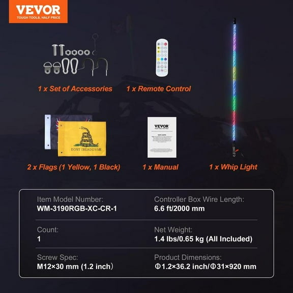 VEVOR 2 PCS 4 FT APP & RF Remote Control Waterproof 360° Spiral RGB Chasing Lighted Whips with 4 Flags, for UTVs, ATVs, Motorcycles, RZR, Can-am, Trucks, Off-road, Go-karts
