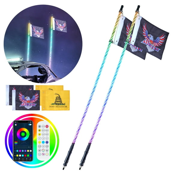 VEVOR 2 PCS 5 FT Whip Light, APP & RF Remote Control Led Whip Light, Waterproof 360° Spiral RGB Chasing Lighted Whips with 4 Flags, for UTVs, ATVs, Motorcycles, RZR, Can-am, Trucks, Off-road