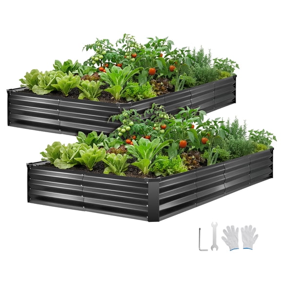 VEVOR 2 Pack Galvanized Raised Garden Beds, 8 x 4 x 1 ft, Rectangular Metal Planter Boxes Kit Outdoor, Bottomless Elevated Planting Box with Gloves, Alu-Zinc, for Growing Flowers Vegetables,Dark Gray