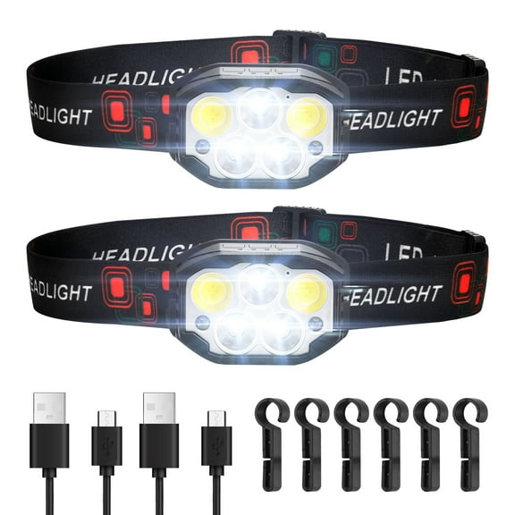 VEVOR 2 Pack Headlamps, Bright LED Rechargeable Headlight, Lightweight Head Flashlight with 12 Lighting Modes & Motion Sensor, Adjustable Headband, Head Lamps for Camping, Running, Hiking, Fishing
