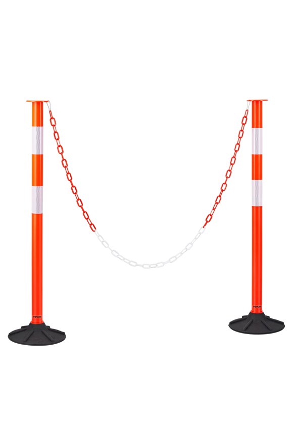 2 Pack Traffic Delineator Posts, 34 in Traffic Safety Cones with Weighted Base, Reflective Strips and Chain, Heavy Duty Delineator Posts for Construction Site, Parking Lot, Crowd Control, Red