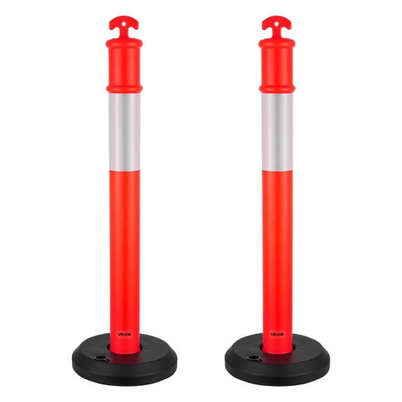 VEVOR 2 Pack Traffic Delineator Posts, 48 inches Traffic Safety Cones with Fillable Base and Reflective Strips, Heavy Duty Delineator Posts for Construction Site, Parking Lot, Crowd Control, Red