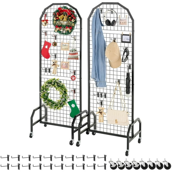 VEVOR 2 Packs Grid Wall Panels, 1.9 x 5.4 ft Wire Grid Panels Display Rack, Movable Art Display Shelf with Wheels and 20 Hooks, Black Carbon Steel Gridwall for Craft Show, Decor, Storage,Notice Board