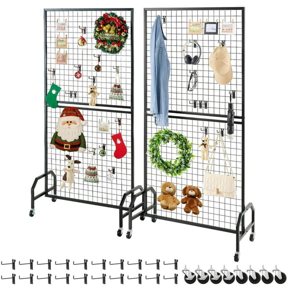 VEVOR 2 Packs Grid Wall Panels, 2.9 x 5.9 ft Wire Grid Panels Display Rack, Movable Art Display Shelf with Wheels and 10 Hooks, Black Carbon Steel Gridwall for Craft Show, Decor, Storage,Notice Board