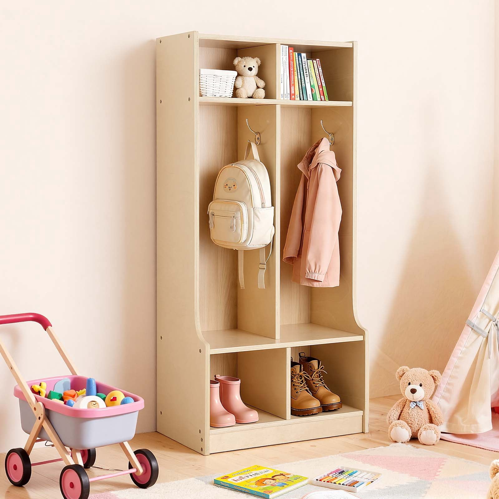 VEVOR 2-Section Kids Coat Locker, Wooden Toddler Cubby Storage ...